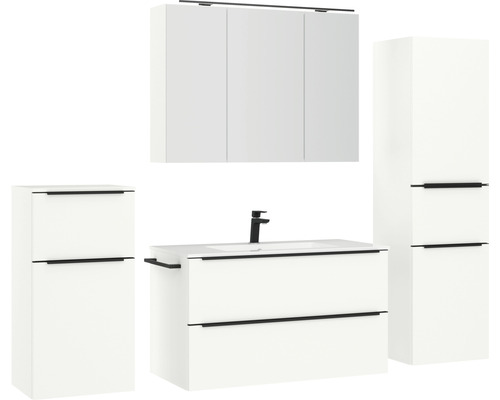 Ensemble de salle de bains avec lavabo, meuble sous-lavabo, armoire de toilette et armoire haute