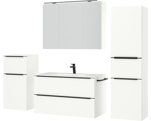 Ensemble de salle de bains avec meuble sous-vasque, lavabo, armoire suspendue et armoire haute