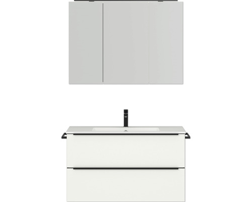 Badmöbel-Set NOBILIA Programm 1 BxHxT 101 x 169,1 x 48,7 cm Frontfarbe weiß matt mit Möbel-Waschtisch und Spiegelschrank 3-türig mit LED-Beleuchtung Griffleiste schwarz 097