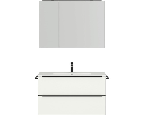 Set de meubles de salle de bains NOBILIA Programm 1 lxhxp 101 x 169,1 x 48,7 cm couleur de façade blanc mat avec vasque pour meuble et armoire de toilette à 3 portes avec éclairage LED barre de prise noir 097