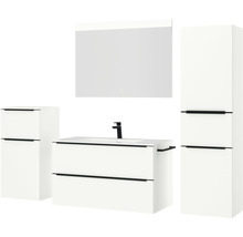 Badmöbel-Set NOBILIA Programm 1 BxHxT 210 x 169,1 x 48,7 cm Frontfarbe weiß matt mit Möbel-Waschtisch weiß und Spiegel mit LED-Beleuchtung Midischrank Unterschrank Griffleiste schwarz 105
