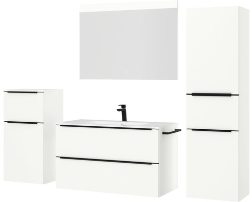 Ensemble de salle de bains moderne avec meuble-lavabo, armoire de toilette et armoire haute