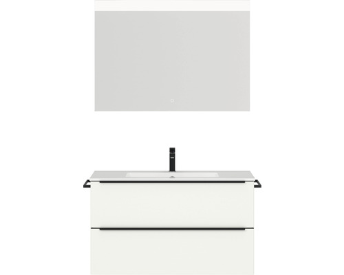 Badmöbel-Set NOBILIA Programm 1 BxHxT 101 x 169,1 x 48,7 cm Frontfarbe weiß matt mit Möbel-Waschtisch weiß und Spiegel mit LED-Beleuchtung Griffleiste schwarz 089 Waschtisch mit zwei Schubladen, Aufsatzwaschbecken, Armatur und rechteckiger Spiegel mit Beleuchtung