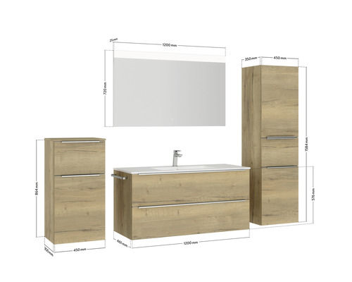 Set de meubles de salle de bains avec meuble sous-lavabo, armoire de toilette et armoires hautes, indications de dimensions incluses