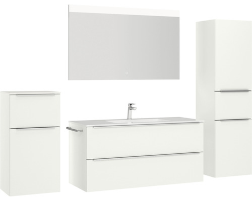 Badezimmer-Set mit Waschtisch, Spiegel, Waschtischunterschrank und Hochschrank für ein helles und organisiertes Bad