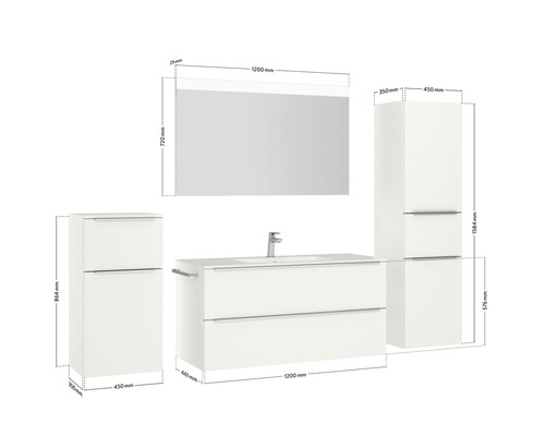 Abbildung eines Badezimmersets mit Waschtisch, Spiegel und zwei Hochschränken mit Maßangaben