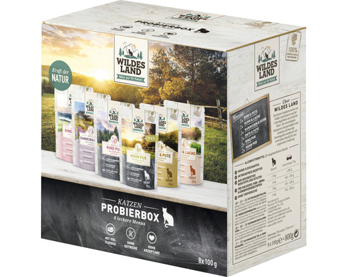 Pâtée pour chat WILDES LAND 8 Pouch échantillon, Multipack 8x 100 g, poisson, volaille, lapin, boeuf et veau avec des supers aliments précieux, sans céréales, sans gluten 800 g Wildes Land Kit d''essai pour chats avec huit saveurs différentes