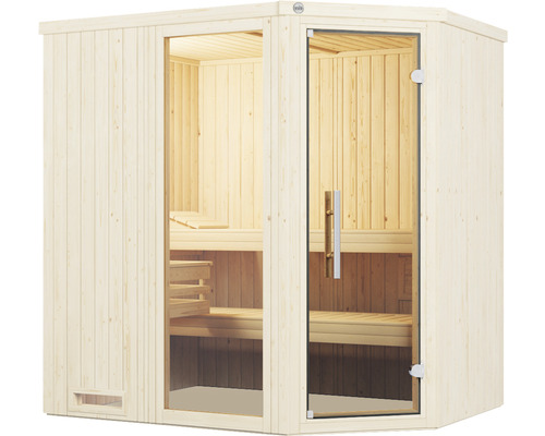 Ecksauna mit Glastür und Holzbänken