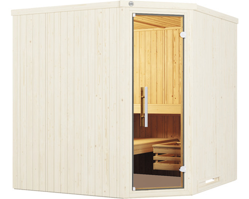 Sauna avec porte en verre et revêtement en bois