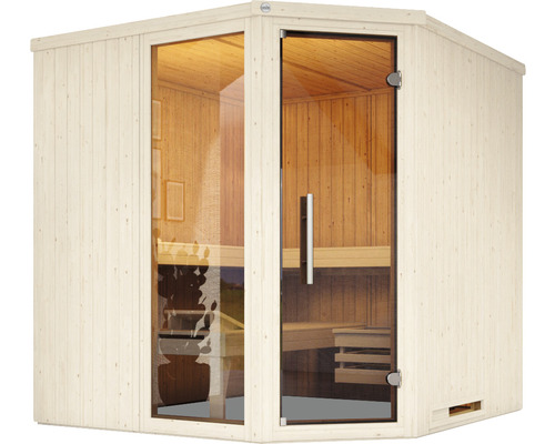 Sauna d''angle avec porte en verre et revêtement en bois