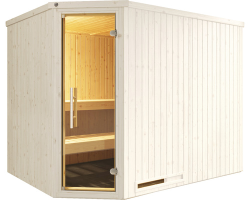 Sauna d''angle avec porte en verre et bancs en bois