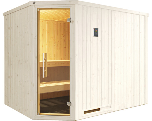 Sauna autoportante avec porte en verre et revêtement en bois