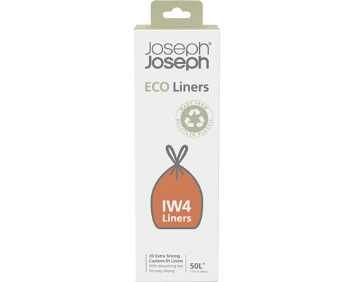 Sac poubelle Joseph & Joseph ECO 50 litres gris IW4 30132 Logo Joseph Joseph. Sacs poubelle ECO, IW4, 50 litres, fabriqués à partir de plastique recyclé. 20 pièces avec cordon de serrage
