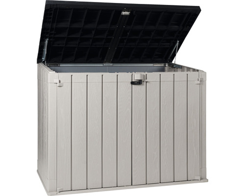 Geöffnete Gartenbox aus Kunststoff mit Holzoptik