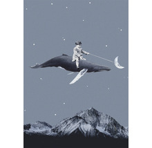 Illustration d''un garçon chevauchant une baleine et attrapant la lune avec un bâton, au-dessus d''un paysage de montagne.