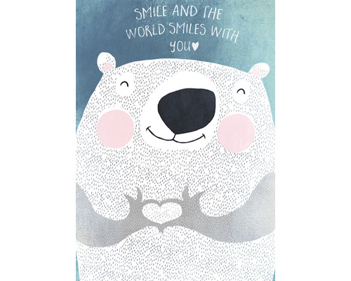Illustration d''un ours avec des mains en forme de cœur et l''inscription Smile and the world smiles with you.