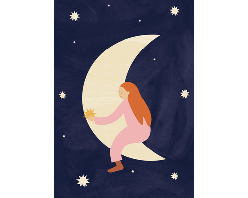 Illustration eines Mädchens, das auf dem Mond sitzt und einen Stern hält, umgeben von Sternen.