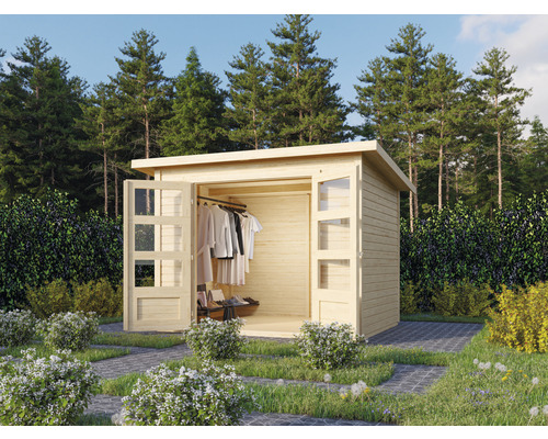 Abri de jardin Expresshaus Karibu Prompto 3 282 x 210 cm naturel Abri de jardin avec portes en verre ouvertes, comprenant une tringle à vêtements et une étagère de rangement