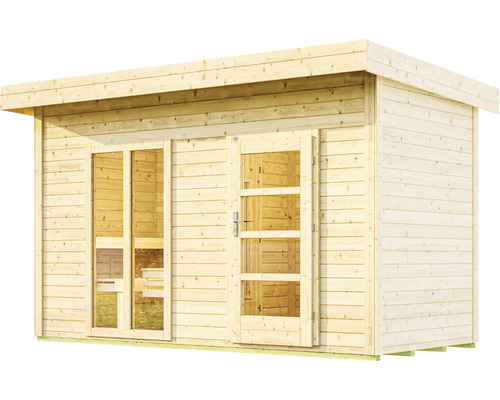 Holzsauna mit Glastür und Fenstern