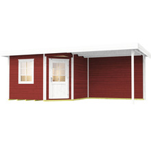 Abri de jardin en bois avec fenêtre, porte et terrasse couverte