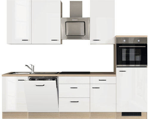 Cuisine équipée avec évier, lave-vaisselle, plaque de cuisson, hotte aspirante et four