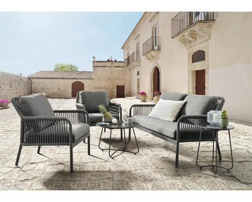 Salon bas de jardin Destiny 4 places avec banc deux places, 2 fauteuils, 2 tables plastique textile anthracite