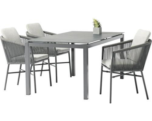 Salon de jardin Destiny 4 places avec 4 fauteuils, table plastique textile aluminium gris