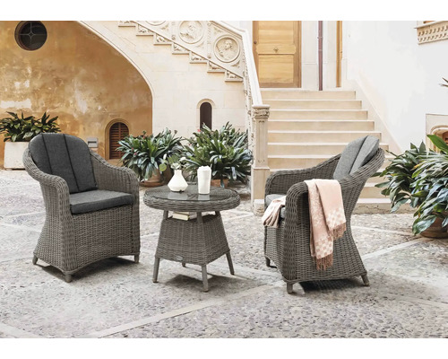 Salon de jardin pour balcon Destiny 2 places avec 2 fauteuils, table d'appoint poly rotin aluminium gris