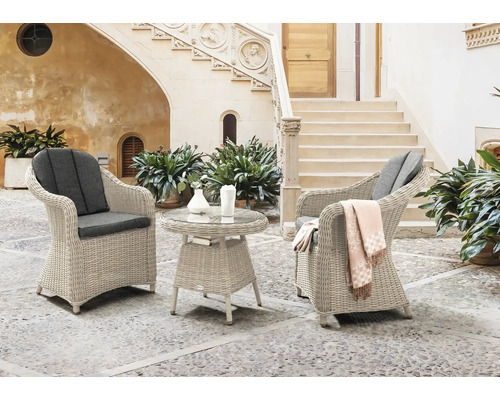 Salon de jardin pour balcon Destiny 2 places avec 2 fauteuils, table d'appoint poly rotin aluminium blanc