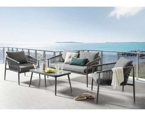 Salon de jardin Destiny 4 places avec 2 fauteuils, canapé, table aluminium plastique textile anthracite
