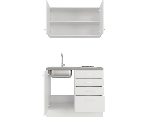 Cuisine équipée avec évier, robinet, tiroirs et armoire murale