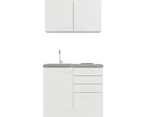 Bloc de cuisine avec évier, robinet, meuble bas, tiroirs et meuble haut