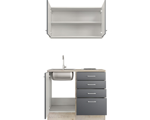 Meuble bas d''évier avec évier en acier inoxydable, robinetterie, quatre tiroirs et un meuble haut avec deux étagères
