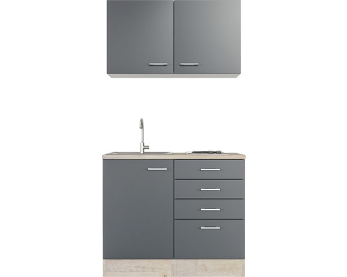 Cuisine compacte avec évier, tiroirs et armoires suspendues