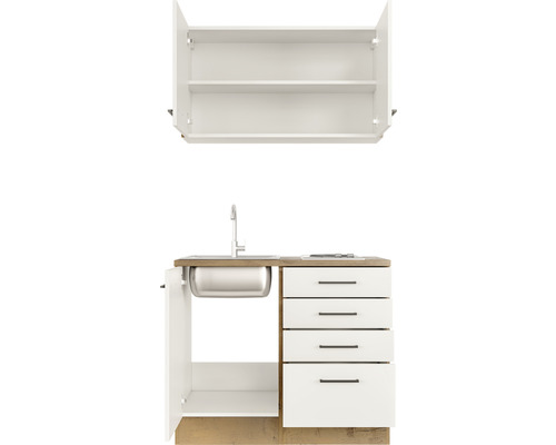 Cuisine équipée avec évier, tiroirs et élément haut