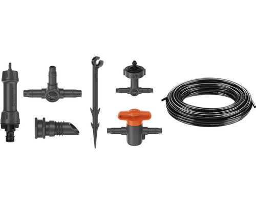 Gardena Micro-Drip-System mit Filter, T-Stück, Regulier- und Reduzierstück, Haltepfahl, Tropfer und Schlauch