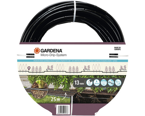 Tuyau polyéthylène système Micro-Drip GARDENA 1,6 l/h, 25 m Tuyau goutte-à-goutte Gardena Micro-Drip-System, 13 mm de diamètre, 25 mètres de long