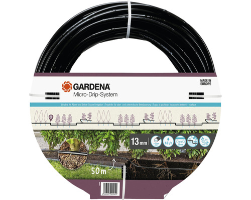 Tuyau polyéthylène système Micro-Drip GARDENA 1,6 l/h, 50 m Tuyau goutte à goutte Gardena Micro-Drip-System pour irrigation hors-sol et souterraine, 13 mm de diamètre, 50 mètres de long