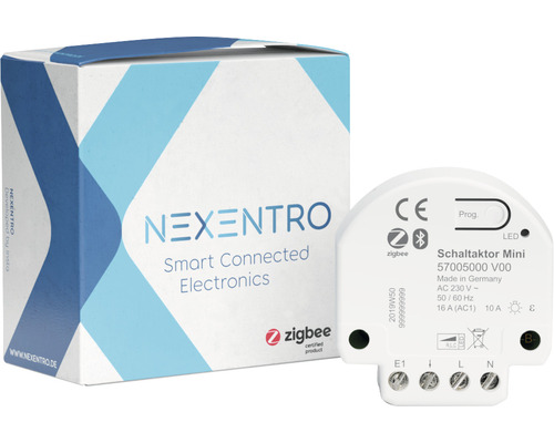 Nexentro Smart Connected Electronics Mini-Schaltaktor und Verpackung