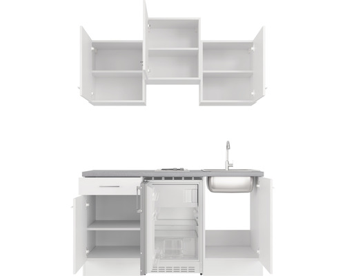 Weisse Outdoor Küche mit Spüle, Kühlschrank und Stauraum