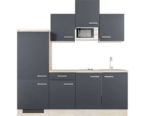 Cuisine équipée avec évier, micro-ondes et armoires