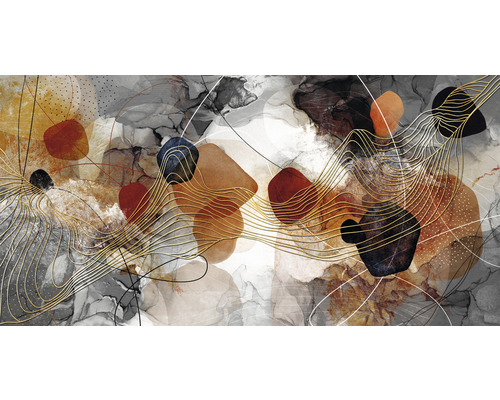 Metallbild Lines And Shapes IX 200x100 cm Abstraktes Kunstbild mit Steinen und goldenen Linien