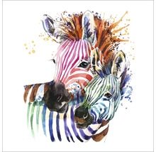 Aquarellbild von zwei Zebras, Mutter und Jungtier, mit farbenfrohen Streifen