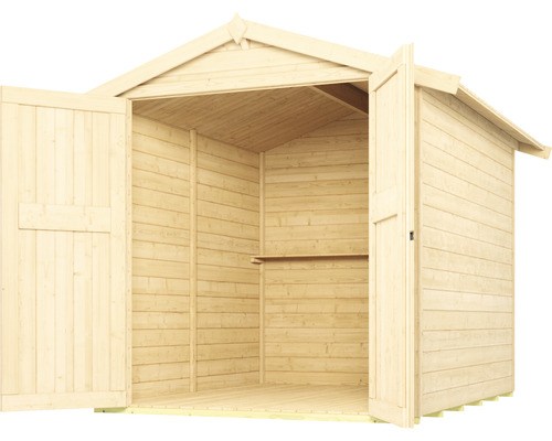 Abri de jardin en bois ouvert pour ranger le matériel de jardinage