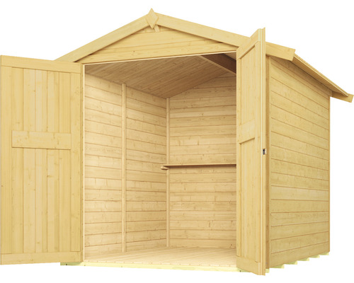 Abri de jardin ouvert en bois avec double porte et étagère