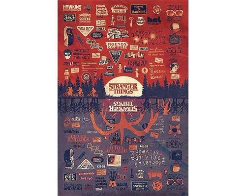 Collage Stranger Things avec divers motifs et logos de la série