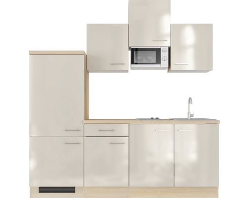 Cuisine équipée avec évier, robinet, micro-ondes et armoires