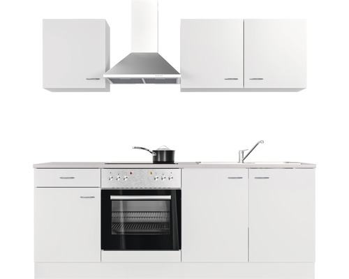 Weiße Einbauküche mit Spüle, Herd, Ofen, Dunstabzugshaube und Schränken