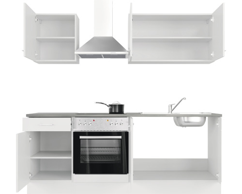 Küchenzeile mit Spüle, Herd und Dunstabzugshaube