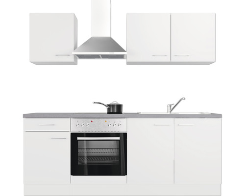Küchenzeile mit Spüle, Herd, Backofen, Dunstabzugshaube und Hängeschränken